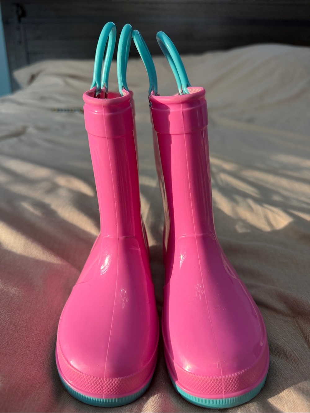 Kids Pink Rain Boots with Teal Handles